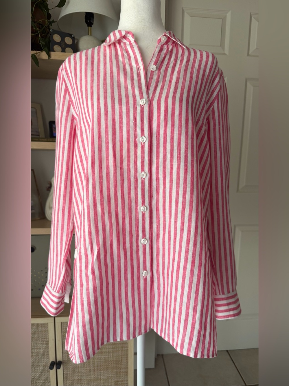 Tommy Bahama 100% Linen Pink/red White Striped Button Down Tunic Shirt XS